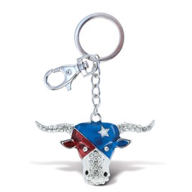 Aqua79 Texas Longhorn Keychain - Silver 3D Sparkling Charm Rhinestones Fashionable Stylish Metal Alloy Durable Key Ring Bling Crystal Jewelry Accessory With Clasp For Keychain Purse, Backpack, Handbag