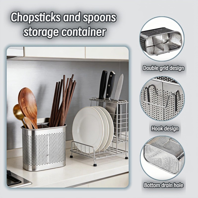 SAYUANVA Stainless Steel Kitchen Utensil Holder with Hooks, 2-Tier Stainless