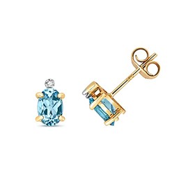 Pretty 9ct Gold Ladies Diamond Stud Earrings Brilliant Cut H - PK with Blue Topaz - 8mm*5mm WJS28460