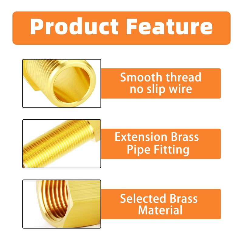GASHER 4PCS Extension Brass Pipe Fitting, 1/2" Female to 1/2"