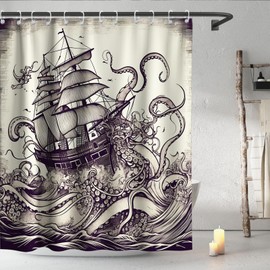 Final Friday Nautical Octopus Ocean Sailboat Theme Fabric Nautical Shower Curtain Sets Bathroom Decor with Hooks Waterproof Washable 72W x 72H inches Retro Colors and Purple