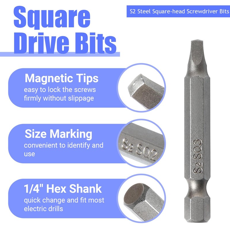 FyMosem 9Pcs Square Head Screwdriver Bits, SQ1 SQ2 SQ3 Magnetic