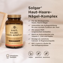 SOLGAR SOLGAR? Haut-, Haare-, N?gel-Komplex | mit MSM, Rotalge, Vitamin C, Lysin, Prolin, Zink & Kupfer fr Haare, Haut und N?gel | Einzigartige Formel mit patentiertem OptiMSM? | 120 Tabletten