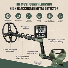 Gbnryg Professional Metal Detector for Adults,12" IP68 Waterproof Search Coil with LCD Backlight,5 Modes Gold Detector,Advanced DSP Chip&High Accuracy System for Beach/Gold Hunting