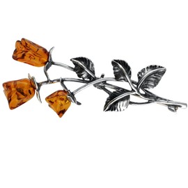 Triple Rose Oxidised Silver Brooch in Orange Amber in Vintage Style for Women - 925 Sterling Silver