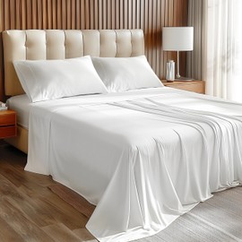 YSSOA Queen Bed Sheet Set-Cooling Breathable & Super Soft 4 Piece Bedding Sheets & Pillowcases with Deep Pockets up to 15", Easy-Fit, Wrinkle, Fade & Stain Resistant, White New