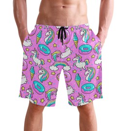 visesunny Unicorn Ice Cream Donut Print Men's Beach Shorts Swim Trunks Sports Running Bathing Suits with Mesh Lining