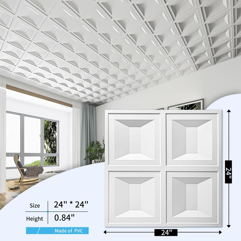 Art3d Drop Ceiling Tiles 24x24, 12 Sheets PVC Decorative Glue