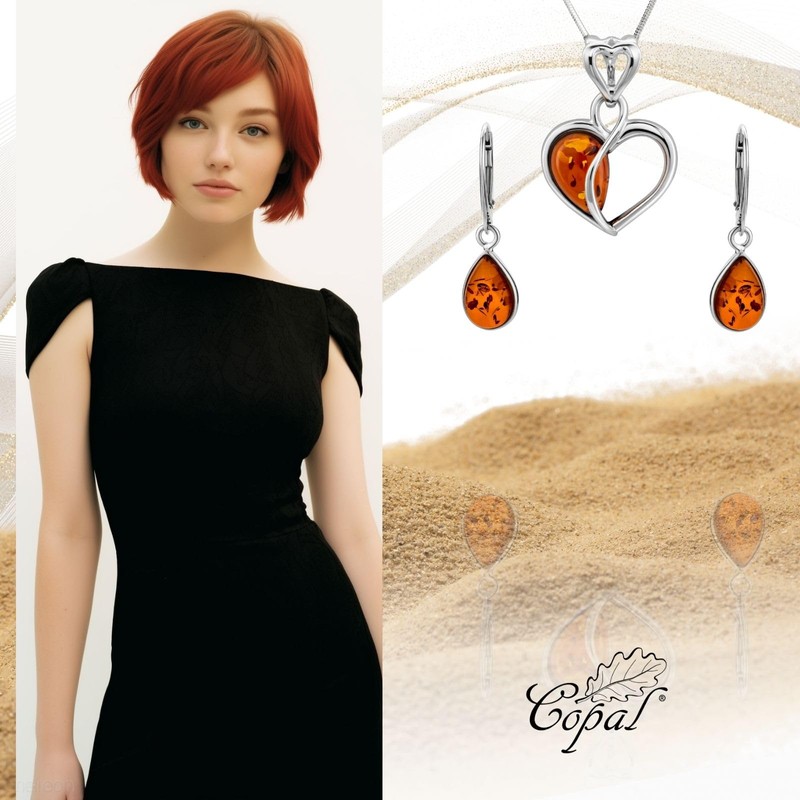 Copal Amber and Sterling Silver Heart Jewellery Set, amber, Amber