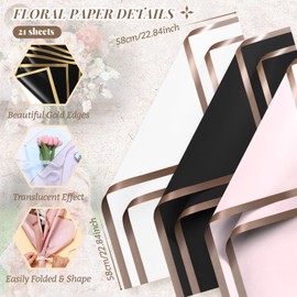 Xinjieda 21 Sheets Flower Wrapping Paper, Black White Pink flower Bouquet Wrapping Paper Gold Edge, 22.8x22.8 Inch Waterproof Floral Wrapping Paper for Wedding Birthday Anniversary Party Gift Wrap DIY
