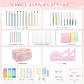 Shiningshe 94 PCS Aesthetic School Supplies with Pink Pencil Case, 12 Pastel Highlighters, 10 Gel Pens, 6 Mechanical Pencils 0.5 & 0.7 mm, Rulers, Sticky Notes for School Office Stationery Set