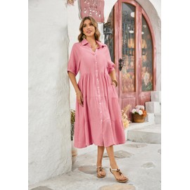 R.Vivimos Women's Summer Cotton Half Sleeves Button Down Casual Loose Slit Midi Dress with Pockets (X-Large, Pink)