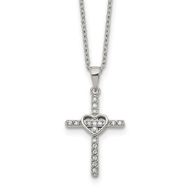Auriga Fine Jewelry Stainless Steel Polished with Cubic Zirconia Cross with Heart Pendant on an 2 inch Extension Cable Chain Necklace 20"
