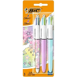 BIC 4 Colours Fun and Decors Ball Pens Medium Point (1.0 mm) - Fashion Ink and Barrels, Unicorn Design - Pack of 3, 999846