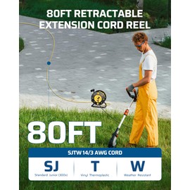 DEWENWILS Retractable Extension Cord Reel, 80FT Heavy Duty Open Cord Reel for Indoor Outdoor, 14/3 AWG SJTW, 4 Grounded Outlets, 13 Amp Circuit Breaker,Handle Rewind, Metal Stand, ETL Listed