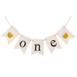 LOVENJOY 1st Birthday Decorations Rustic Burlap Banner for Baby Boy Girl One Year Old Celebration Handmade, Pre-Strung,Crown