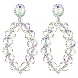 Art Deco Rainbow Rhinestone Crystal Cluster Oval Flowers Wreath Large Dangle Statement Earrings Earrings, Metal, Non-applicable