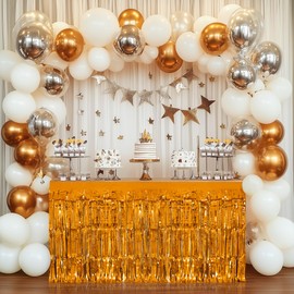 2 Pack Orange Table Skirts, 29x108" Metallic Foil Tinsel Fringe Table Skirts for Rectangle Tables Streamer Curtains Backdrop, Party Decorations for Birthdays Weddings Holidays