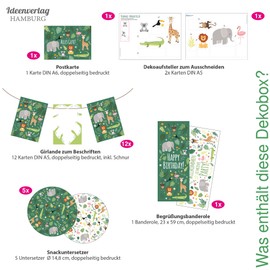 "Jungle / Zoo" Children's Birthday Decoration Box - Birthday Decoration Set for Boys and Girls - Birthday Decoration for Children - Table Decoration with Balloons, Poster, Garland and much more -