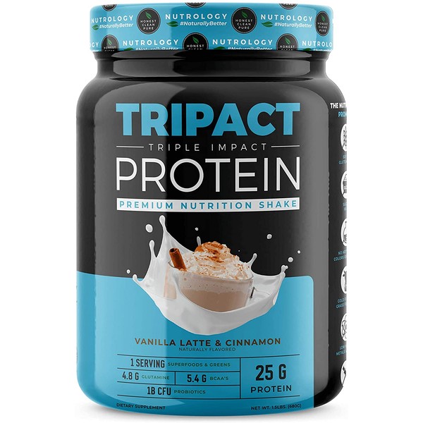 TRIPACT Protein - Vanilla Latte with Cinnamon 1.5lb. - Premium Nutrition Shake Featuring Non-GMO Grass Fed Whey Protein, Plant Proteins, Greens, Superfoods and Probiotics.