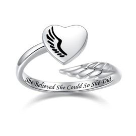 Sterling Silver Saying Inspirational Ring Adjustable Wing Ring for Women Daughter - She Believed She Could So She Did Theme Encouragement Gifts