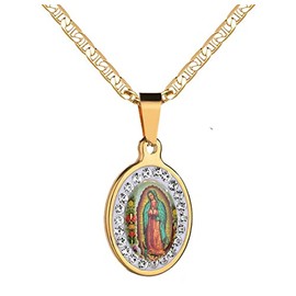 DouuYuhet 18K Gold Plated Flat 3MM Virgin Mary Guadalupe Charm Chain Pendant Necklace Christian Jewelry (C)