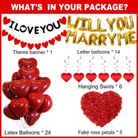 Proposal Decorations, Gold Will You Marry Me Balloons Banner I Love You Banner Heart Bunting Garland Hanging Swirls Red Heart Foil Balloons Rose Petals for Wedding Valentines Day Marriage