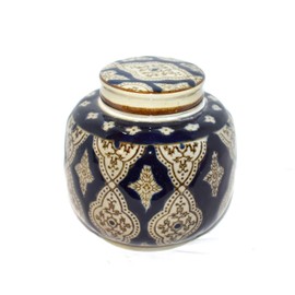 Ginger Jar New 5" Beautiful Oriental Ornate Floral Pattern Dark Blue & Brown Vase Urn & Lid