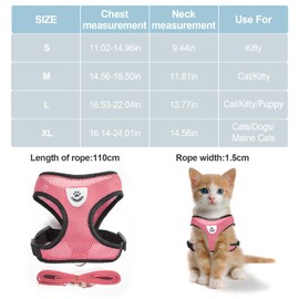 shudyear Summer cat Chest Harness and Leash, Anti-Escape Adjustable Soft mesh cat Leash and Chest Harness Set for All Types of Cats cat Vests(Size M,Pink)
