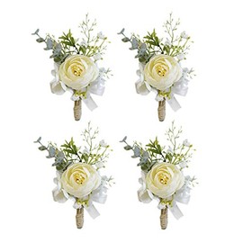 Prettybuy Men's Boutonniere Boutineer with Pin Wedding Boutonniere Bridegroom Groom Buttonhole for Wedding Homecoming Prom Suit Decor, Beige 4 Pcs