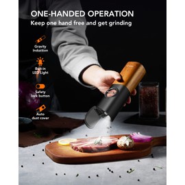 FORLIM Gravity Electric Salt and Pepper Grinder Set, Upgraded Large Capacity, USB Rechargeable Pepper grinder Automatic One Hand Operated, Adjustable Coarseness with LED Light（Natural Wood Grain）