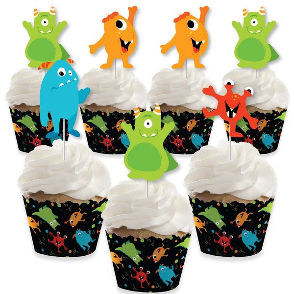 Monster Bash – Decoración para cupcakes – Little Monster fiesta de cumpleaños o Baby Shower Cupcake Wrappers and Treat Picks Kit – Juego de 24