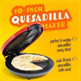 Taco Tuesday Deluxe 10-inch 6-Wedge Electric Quesadilla Maker with Extra Stuffing Latch, Red