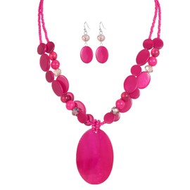Rosslyons Big Oval Gemotric Pendant Necklace for women Double Strand Colorful Beads Statement Necklace and Earrings Set Fashion Jewelry Gifts (Hot Pink)