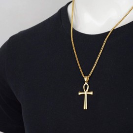 YL Ankh Cross Necklace for Men Stainless Steel Crucifix Pendant 24'' Rolo Chain 18K White Gold Jewelry