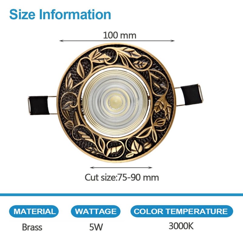 JPVARXM 5W Vintage Brass Downlight Round Recessed Lighting Housing Trim