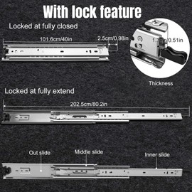 HLC Heavy Duty Locking Drawer Slides 40 Inch 1 Pair Full Extension Drawer Slides with Lock 250 lb Load Capacity 3-Fold Full Extension Side Mount Ball Bearing Industrial Locking Rail 40" Silver