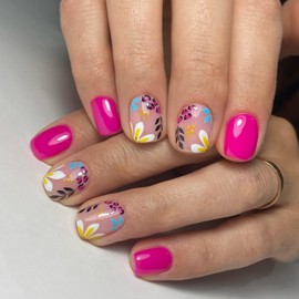 Pink Press on Nails Short Square Fake Nails with Floral designs Summer False Nails Glossy Full Cover Acrylic Nails Reusable Glue on Nails for Women Gel Stick on Nails 24pcs