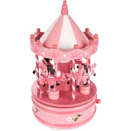 BRUBAKER Wooden Music Box - Nostalgic Carousel with Horses - Melody: Jingle Bells - 24 cm Music Box Decoration for Christmas - Christmas Decoration Music Box - Pink