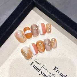 NLSJMP 3D handmade Gel nails press on false nails short square Autumn-Winter new caramel blend cute acrylic Reusable fake nails designed kit,10 Nails Size S #2003