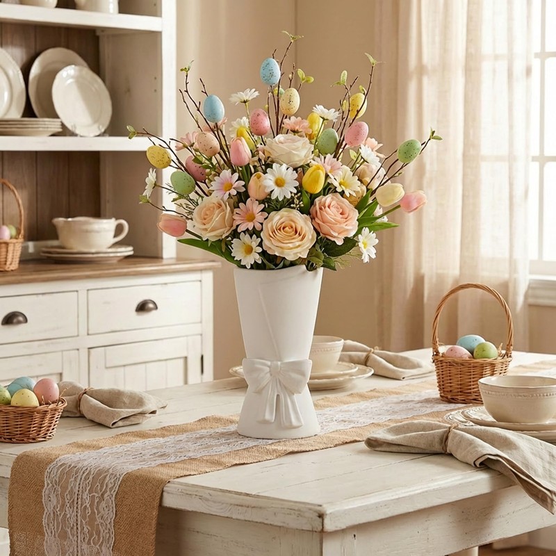Relexome White Ceramic Bow Vase Unique Cute Decorative Bouquet Flower