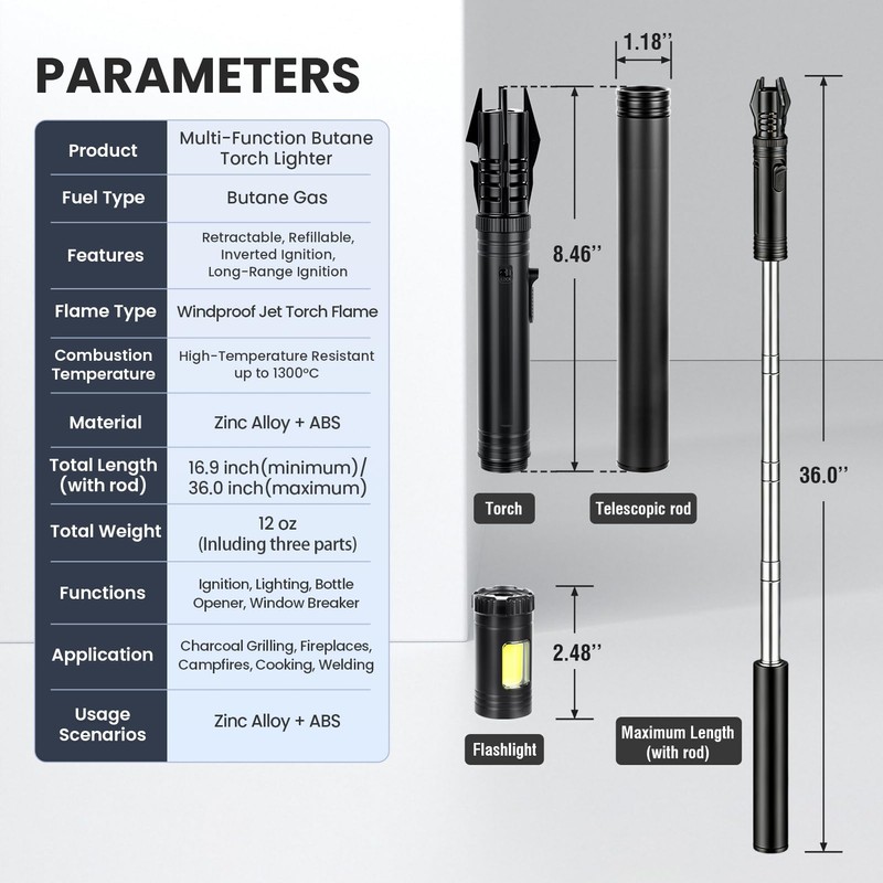 Windproof Torch Lighter, Long Camping Lighter Refillable Butane Gas -