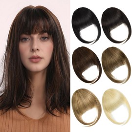 BUYOGET Clip in Fringe Human Hair Extension Natural Medium Brown Straight Remy Fringe Clip on Bangs Hair Clip for Women Girls