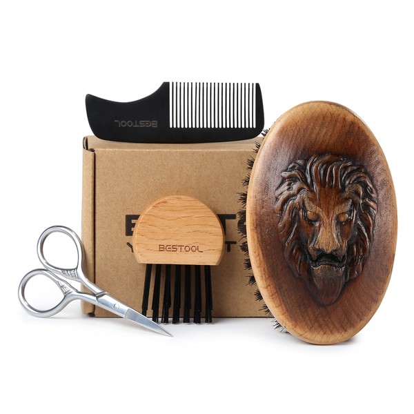 BESTOOL Beard Brush and Comb Set for Men Grooming Beards and Mustaches, Wooden Base Boar Bristle Beard Brush, Great Gifts for Men