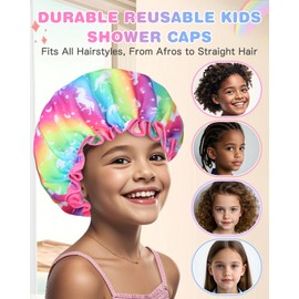 Shower Cap for Kids Reusable Waterproof, 2 Pcs Unicorn Toddler Shower Cap for Girls Women, Cute Elastic Hair Cap for Shower, Double Layer Protection Kids Shower Caps, Ideal for All Hair Lengths