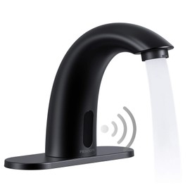 PRIMSOPH Automatic Motion Sensor Hands Free Electronic Infrared Smart Commercial Touchless Bathroom Sink Faucet with Cover Plate Temperature Mixer Battery or Plug-in Powered Matte Black