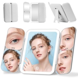 Junyaoxuan Tri-fold Vanity Mirror with Light,1X/7X/10X/20X/30X Makeup Magnifying Mirror with Lights,Rechargeable Travel Makeup Mirror with Foldable Stand,Dimmable in 3 Colors,Touch Control