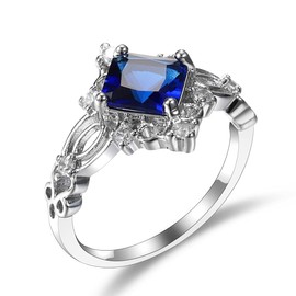 DCFSHEE Anillo vintage de filigrana azul calado de circonita cúbica azul suizo, joyería de topacio de zafiro sintético de corte cuadrado a la moda, regalo para mujeres (talla 9 de EE. UU.)