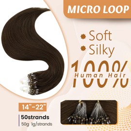 RUNATURE Micro Hair Extensions Real Hair Dark Brown Micro Loop Human Hair Extensions Micro Rings Extensions Cold Fusion Hair Extensions Brown 18 Inch 50g