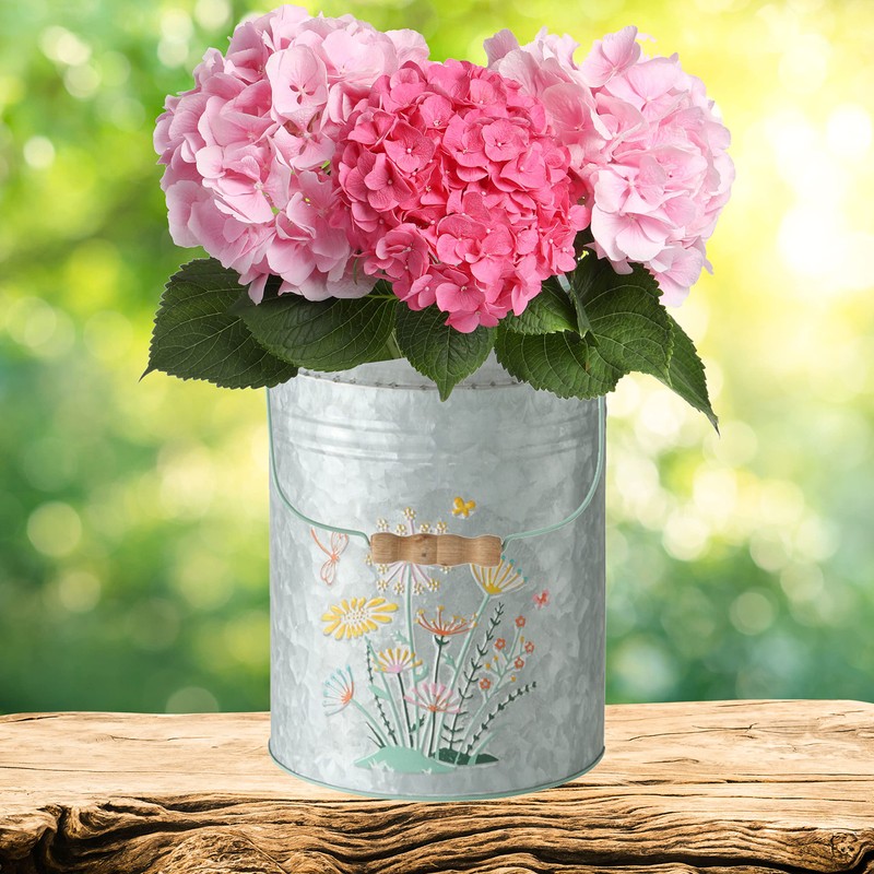 Creamery Vase, Grey Metal, Meadow Flower Details, Handle, Rustic Farmhouse